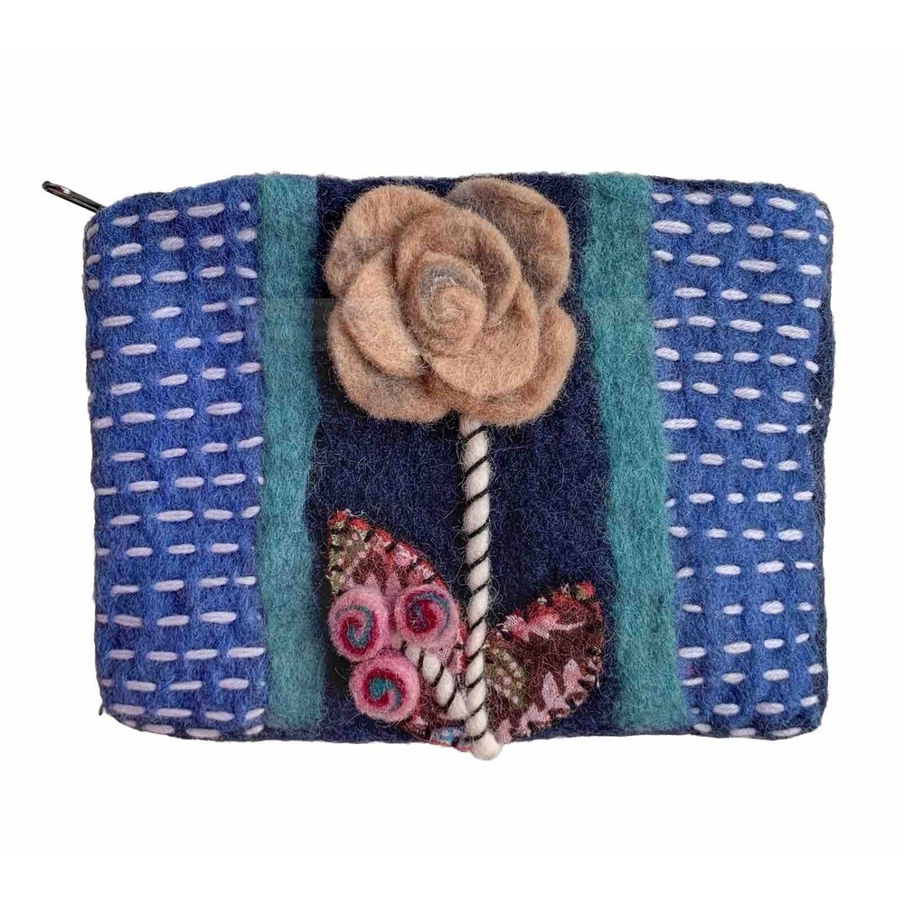 Rising Tide Blue Teal Felt Floral Wristlet Clutch